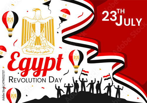 Happy Egypt Revolution Day Vector Illustration on July 23 with Waving Flag and Ribbon in National Holiday Flat Cartoon Background Design