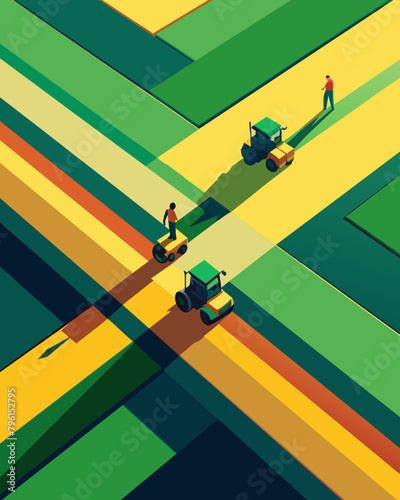 Vibrant Geometric Agricultural Landscape with Farmers and Tractors