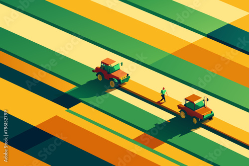 Colorful Abstract Agricultural Field with Farmers and Tractors