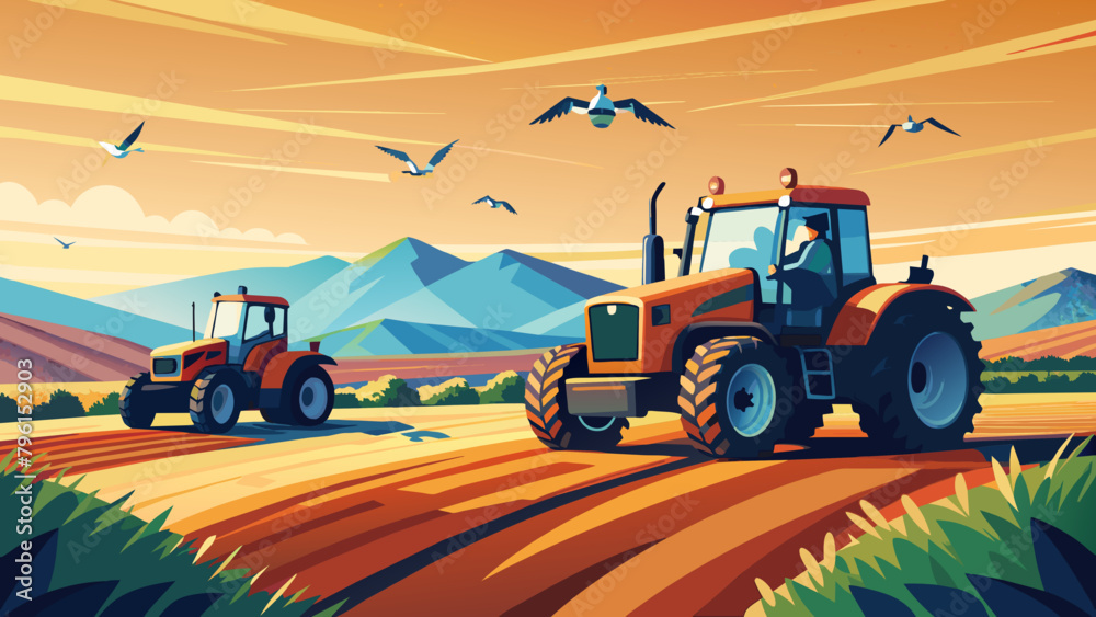 Golden Hour Farming: Tractors in Fields with Flying Birds and Mountains Golden Hour Farming: Tractors in Fields with Flying Birds and Mountains