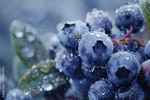 Ripe blueberries cluster close up with morning mist wild freshness 