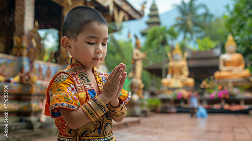 A young boy in traditional Muay Thai attire performing a Wai Kru ritual in a serene temple courtyard