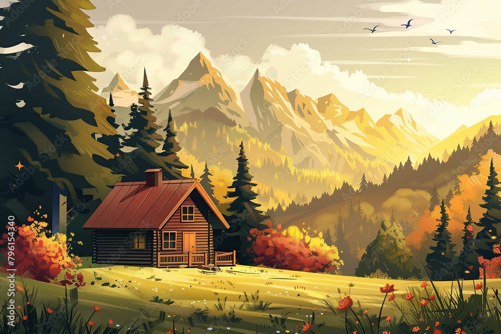 Mountain cabin, illustration style