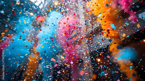 Midnight Celebration Sparkles with Colorful Confetti Streamers. Concept Fireworks Display, Festive Decorations, New Year's Eve Party, Cheers and Toasts, Midnight Countdown