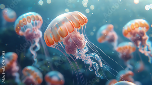 An animated 3D model of a jellyfishs lifecycle, from larva to adult, set in a dynamic ocean environment photo