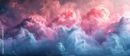 Soft pink and blue ethereal cloud motifs create a peaceful, dreamy abstract background