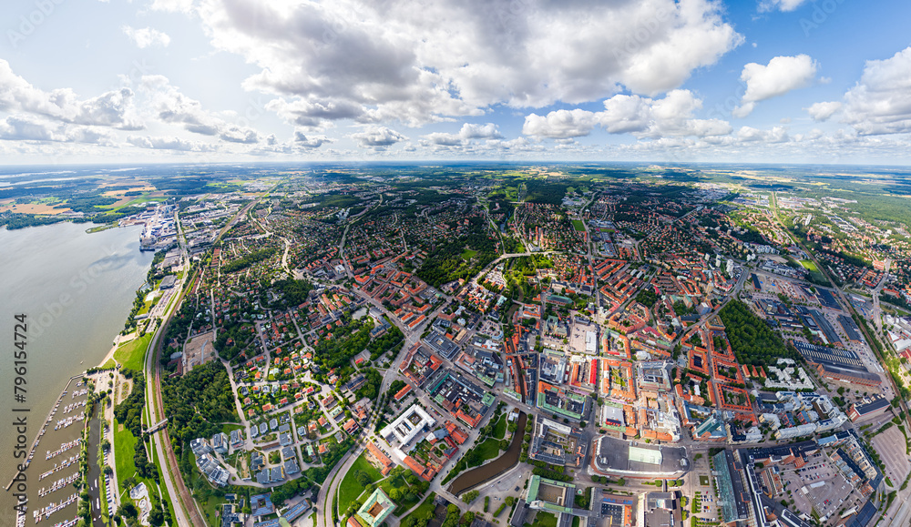 Vasteras, Sweden. Panorama of the city in summer in cloudy weather. Aerial view