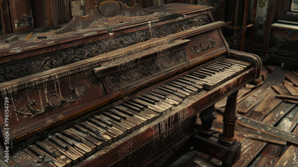 A dusty old piano in the corner of the saloon its keys producing an eerie melody when played by ghostly hands. . A dusty old piano in the corner of the saloon its keys producing an eerie melody when played by ghostly hands. .