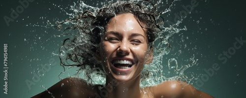 Closeup studio portrait of a smiling model experiencing a playful splash of water, illustrating a moment of pure happiness and energy photo