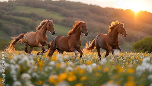 Exploring the Beauty of Wild Horses in Blooming Meadows and Sunlit Hills. Concept Wild Horses, Blooming Meadows, Sunlit Hills, Nature Photography, Scenic Landscapes photo