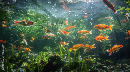 River pond decorative orange underwater fishes nishikigoi. Aquarium koi Asian Japanese wildlife colorful landscape nature clear water photo