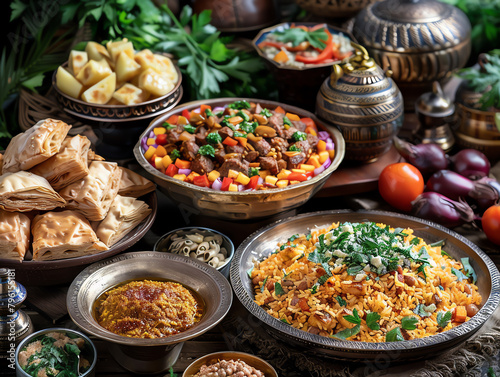 An Egyptian spread with koshari, grilled aubergine, and baklava, set in an ancient Cairo setting photo
