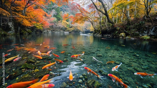 River pond decorative orange underwater fishes nishikigoi. Aquarium koi Asian Japanese wildlife colorful landscape nature clear water photo