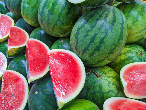 Watermelon in the market. Selective focus and shallow depth of field.