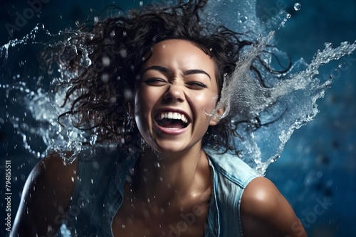Artistic studio photo of a gleeful model midlaugh as water splashes around her  focusing on her vibrant expression and the energy of the water