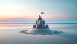 concept of happiness, a simple sandcastle, perfectly formed, with a small, colorful flag fluttering atop it.