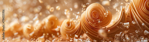 An intricate 3D model of wood shavings, spiraling delicately from a carpenters plane photo