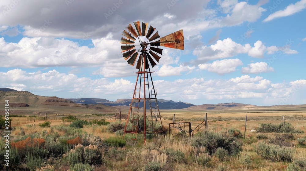 A rusted windmill creaks and groans in the wind a symbol of the desolation of the western frontier. . A rusted windmill creaks and groans in the wind a symbol of the desolation of the western frontier. .