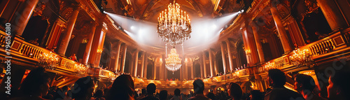 An opera gala in an opulent opera house, with crystal chandeliers and elegant spotlights enhancing the formal atmosphere photo