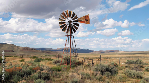 A rusted windmill creaks and groans in the wind a symbol of the desolation of the western frontier. . photo