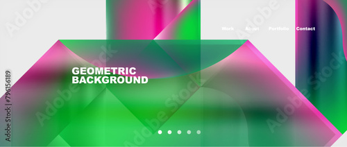 A vibrant geometric background featuring a gradient of green and pink colors. The design includes rectangles, triangles, and a pattern inspired by terrestrial plants in shades of violet and magenta