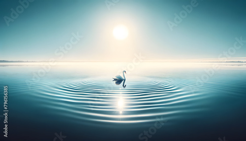 a serene morning on a calm lake with a solitary swan gliding gracefully.