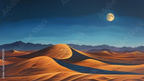 A painting of a desert with a full moon and a river running through it. © Sippung