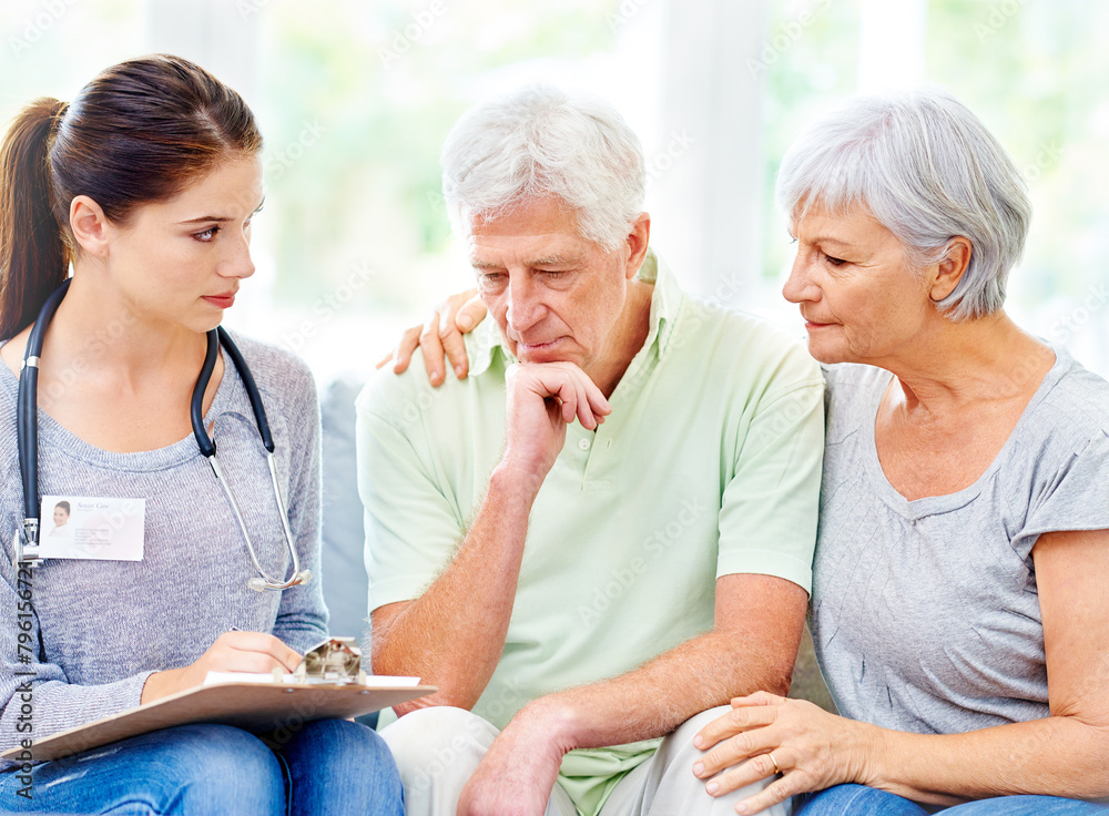 Senior, couple and doctor with results for man in consultation with advice and support. Sad, patient and therapist in elderly care with news, info or medical notes on hypertension or blood pressure Senior, couple and doctor with results for man in consultation with advice and support. Sad, patient and therapist in elderly care with news, info or medical notes on hypertension or blood pressure