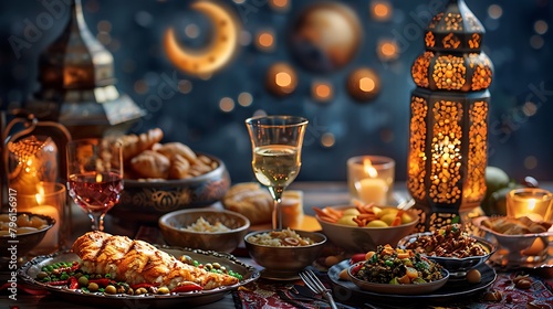  A Creative poster for Eid with Moon and iftar meal together © Food Cart