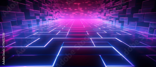 Neon abstract 3D grid with a perspective depth, symbolizing digital and futuristic themes,