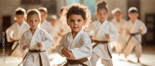 Group of young children in a karate class, focusing on discipline and physical fitness,