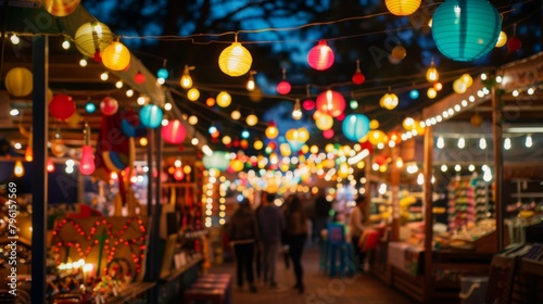 A festive outdoor market illuminated by colorful string lights, creating a lively and vibrant atmosphere for shopping, dining, and entertainment.