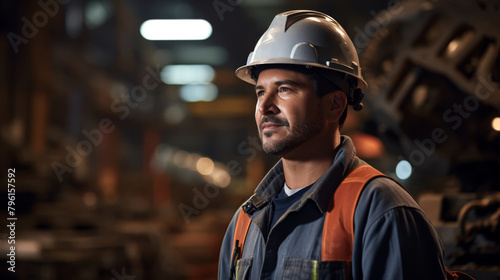 Environmental portrait of a worker in a large machinery component manufacturing facility checking product specs,