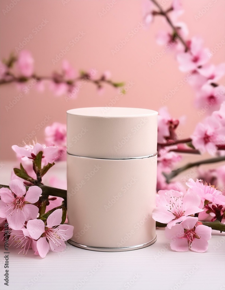 Minimalist Product Showcase: Sleek Podium with Cylinder, Box, and Pink Flowers Minimalist Product Showcase: Sleek Podium with Cylinder, Box, and Pink Flowers