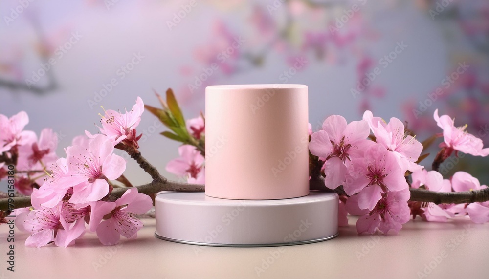 Minimalist Podium with Sleek Aesthetics: Cylinder, Box, and Pink Flowers