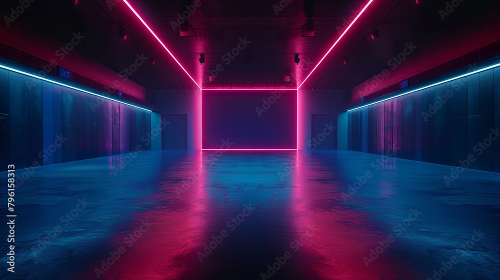 Futuristic neon corridor with glowing pink and blue lights