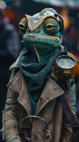 Chic chameleon blends into cityscape in tailored elegance, embodying street style. The realistic urban backdrop captures the reptilian charm seamlessly merged with contemporary fashion allure, creatin