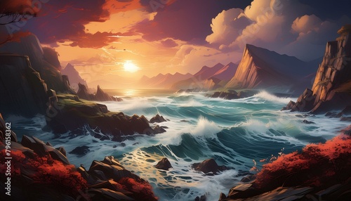 "Twilight's Drama: Sunset Seascape with Dramatic Clouds, Ocean Waves, and Coastal Rocks" 
