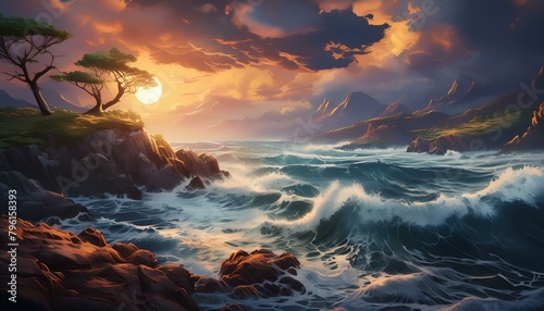 "Sunset Spectacle: Dramatic Clouds Dance Above Ocean Waves and Rocky Coastline" 