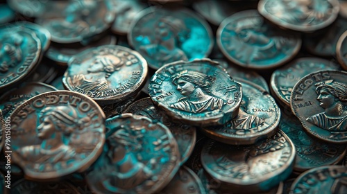 Close-up view of vintage replica coins