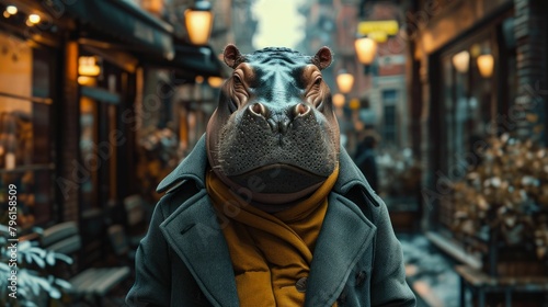 Fashionable hippopotamus graces city streets in tailored elegance, epitomizing street style. The realistic urban backdrop frames this large mammal, seamlessly merging aquatic allure with contemporary  © Дмитрий Симаков