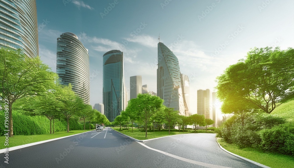 View of Streets and high-rise buildings of a modern eco-city Eco-friendly urban ...