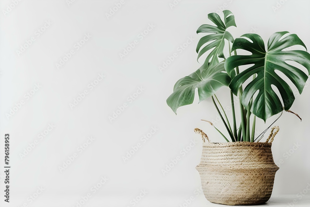 Monstera plant in ceramic pot against white background for tropical interior design. Concept Tropical Decor, Monstera Plant, Ceramic Pot, Indoor Greenery, White Background