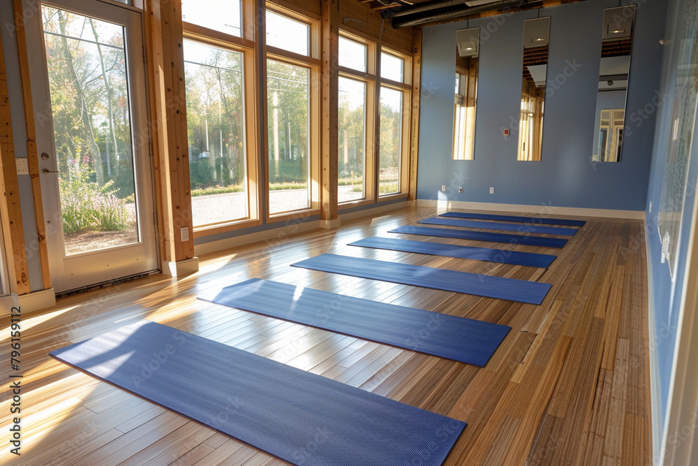 Fototapeta premium Tranquil Yoga Studio: Serene Atmosphere with Bamboo Floors and Mirrored Walls, Prepared Mats for Class