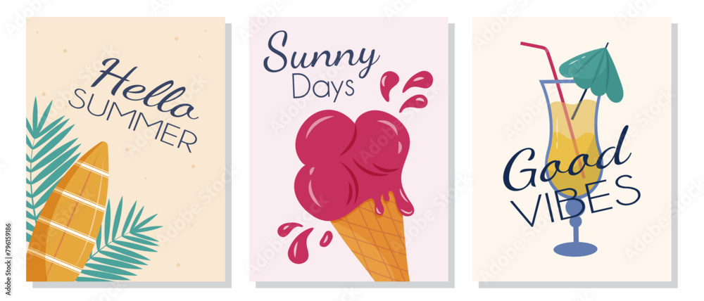 Summer-themed posters with ice cream, cocktail and palm leaves illustrations. Vector illustrations posters set is great for web banner design, cards, brochures, flyers, and advertising poster template