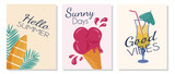 Summer-themed posters with ice cream, cocktail and palm leaves illustrations. Vector illustrations posters set is great for web banner design, cards, brochures, flyers, and advertising poster template