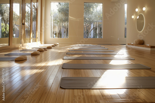 Tranquil Yoga Studio: Serene Atmosphere with Bamboo Floors and Mirrored Walls, Prepared Mats for Class © ralf