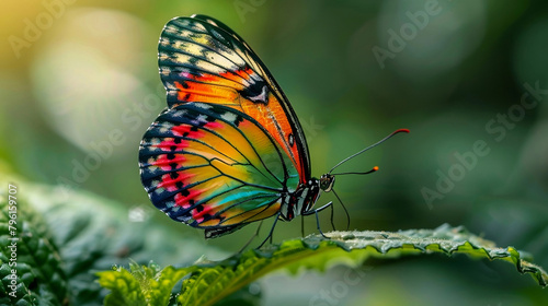 Colorful Jezebel Butterfly Perched on Green Leaf photo