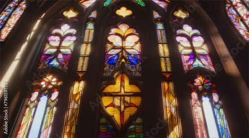 Stained glass window in cathedral interior. A stunning view showcasing the architectural beauty and serene atmosphere inside the historic church. 