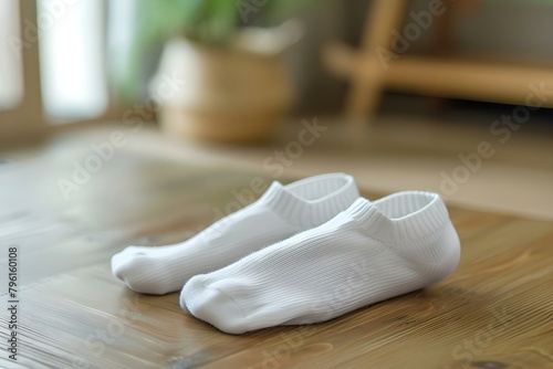 White socks on table suitable for fashion ads or accessory articles. Concept Fashion Accessories, Advertising Photography, Stylish Imagery